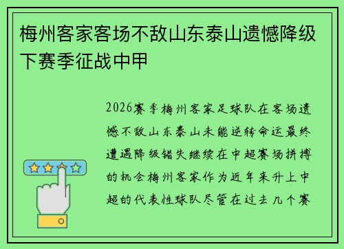 梅州客家客场不敌山东泰山遗憾降级下赛季征战中甲 梅州客家客场不敌山东泰山遗憾降级下赛季征战中甲